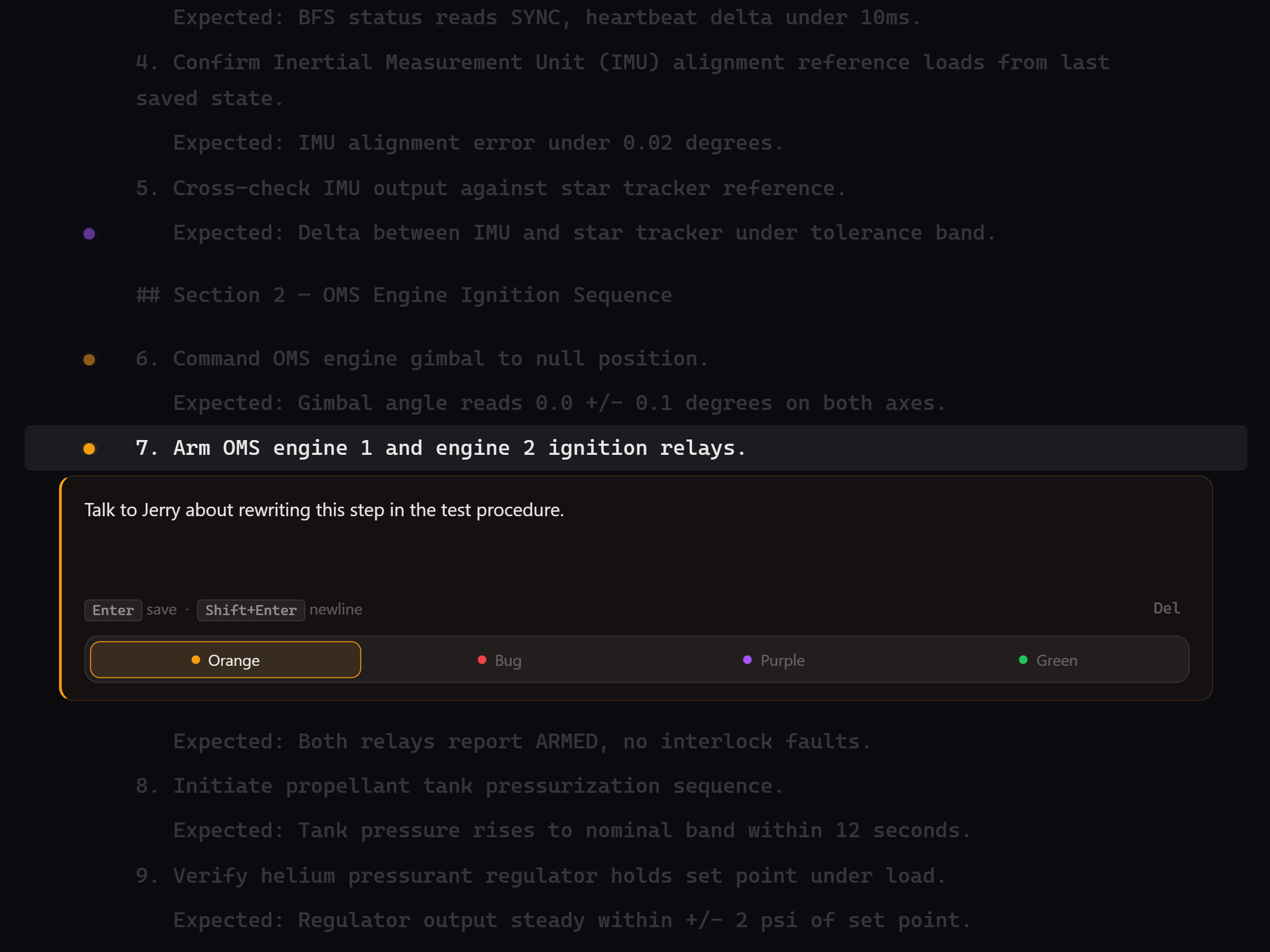 An orange note bubble open on a line in Regression Reader, with color options for orange, bug, purple, and green notes.