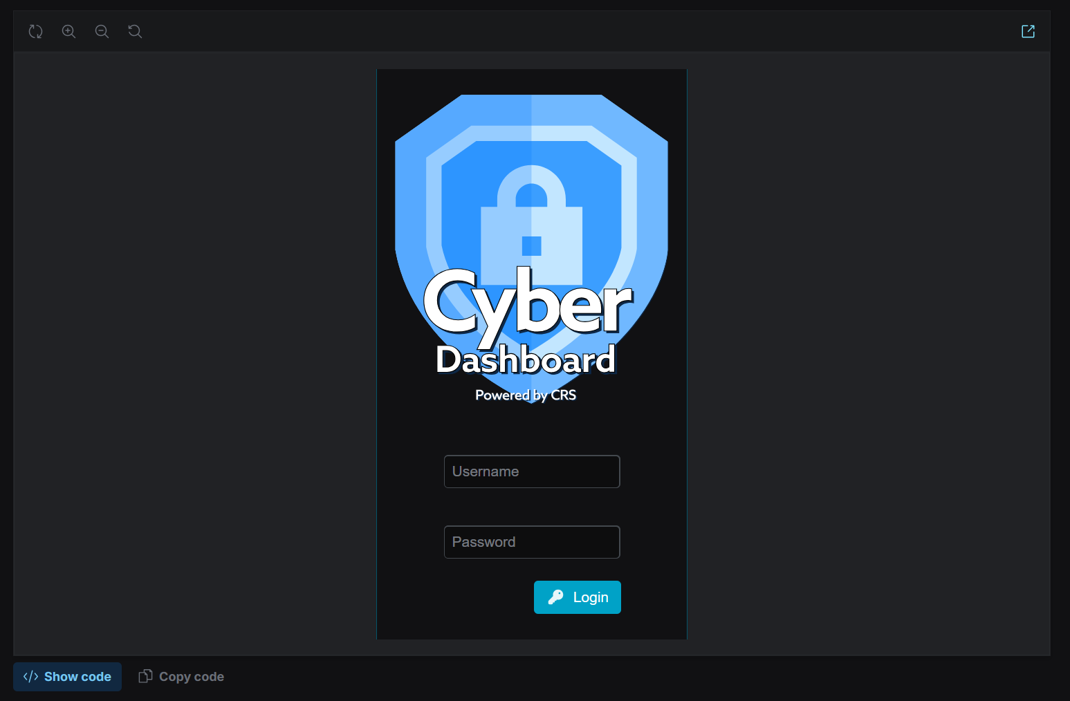 The Cyber Dashboard login story in Storybook — a shield-and-lock logo over username and password fields with a Login button.